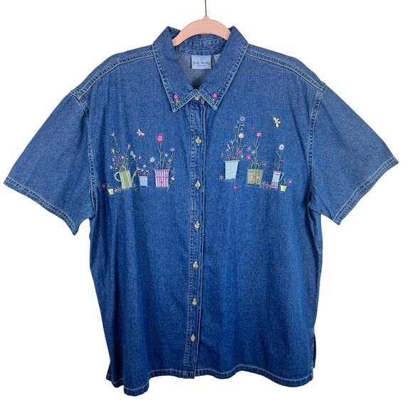 Bobbie Brooks Tops - Bobbie Brooks NWT Vtg Floral Garden Embroidered Short Sleeve Jean Shirt 18W 20W